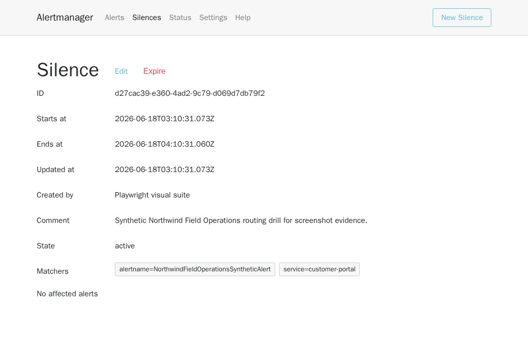 Alertmanager web UI screenshot from the Latium visual test run