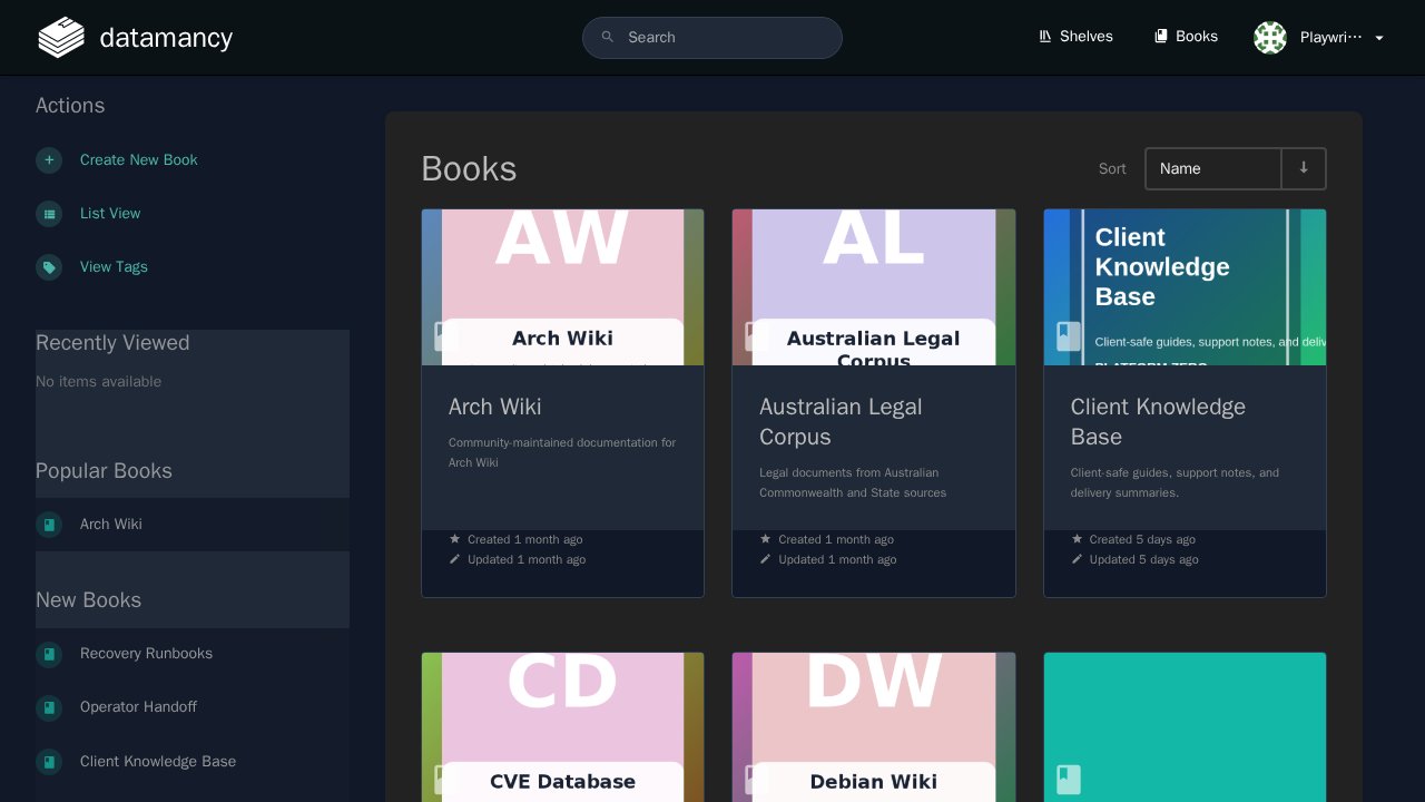 BookStack web UI screenshot from the Latium visual test run