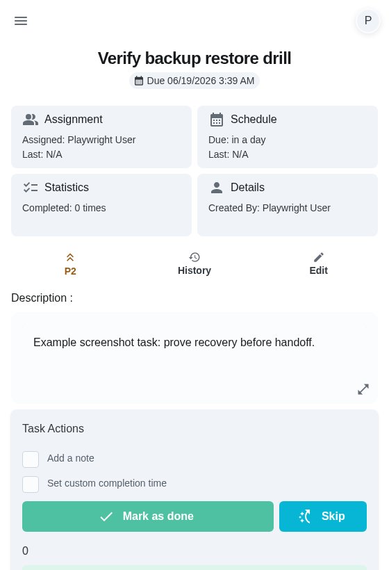 Donetick web UI screenshot from the Latium visual test run