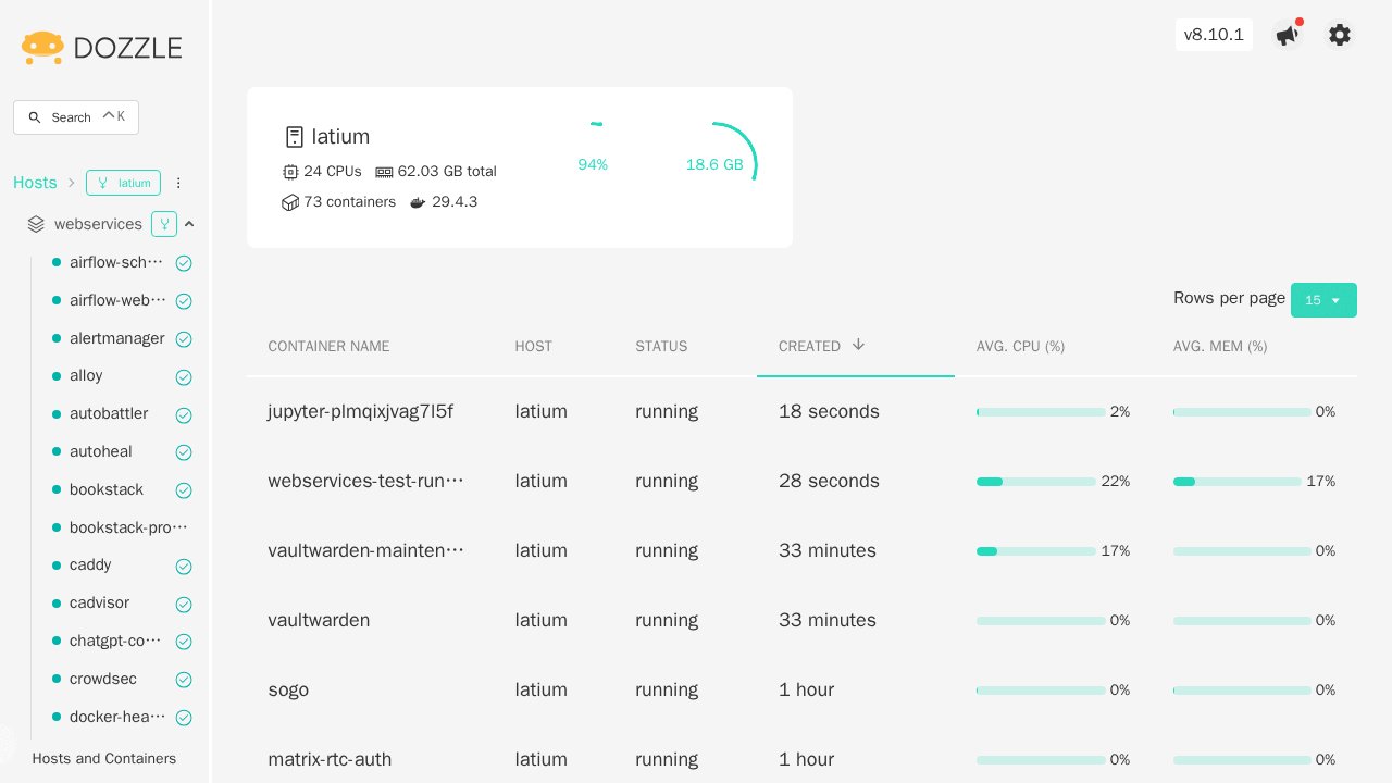Dozzle web UI screenshot from the Latium visual test run