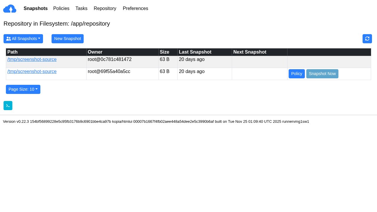 Kopia web UI screenshot from the Latium visual test run