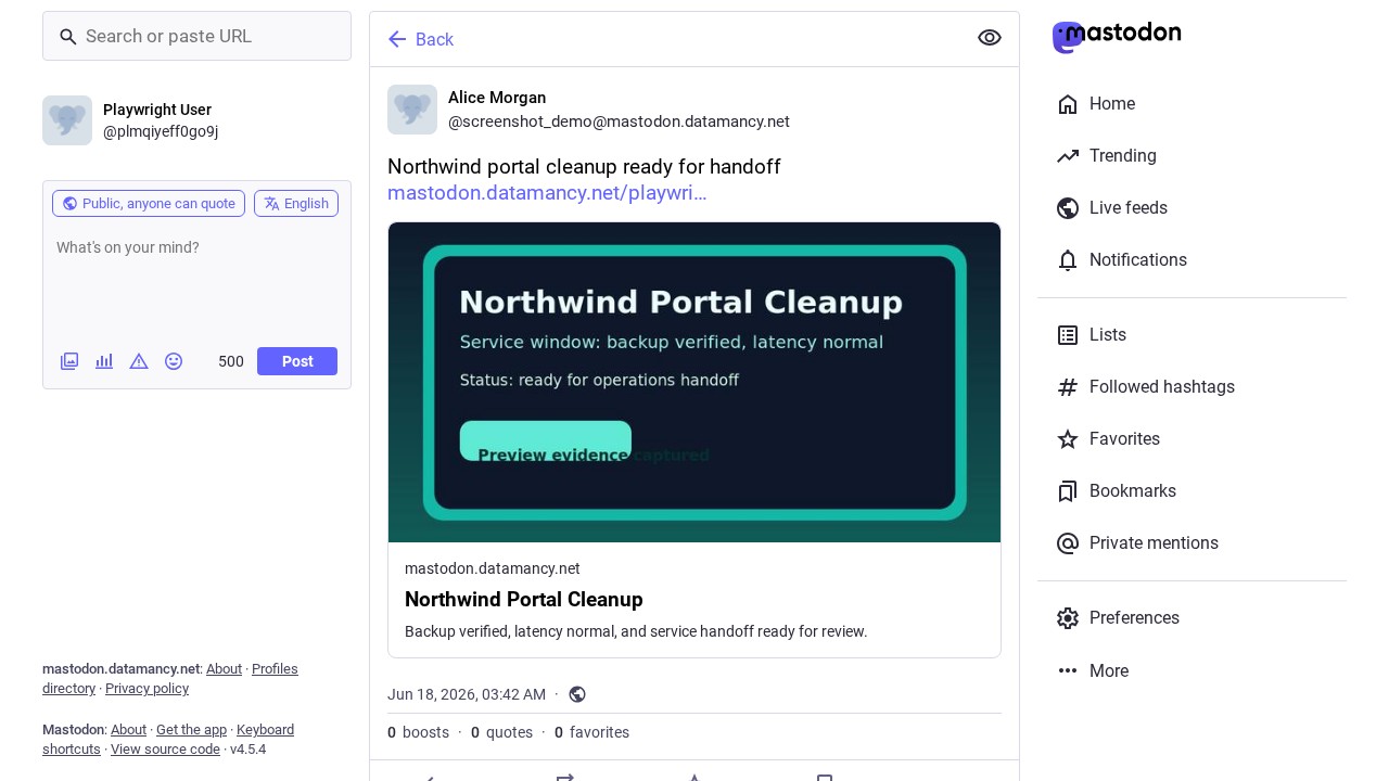 Mastodon web UI screenshot from the Latium visual test run