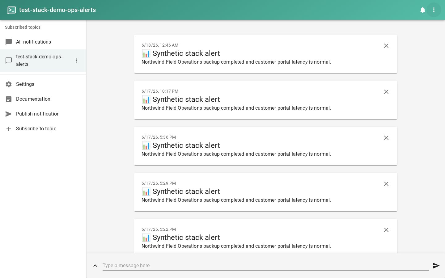 Ntfy web UI screenshot from the Latium visual test run