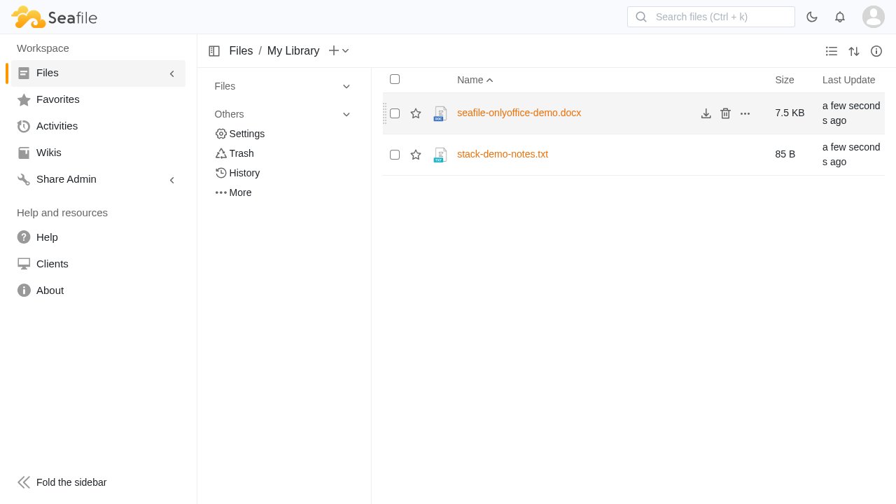 Seafile web UI screenshot from the Latium visual test run
