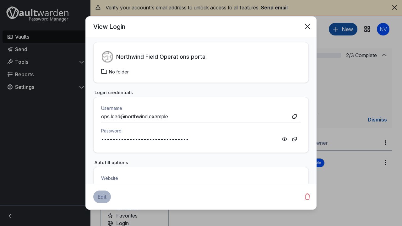 Vaultwarden web UI screenshot from the Latium visual test run